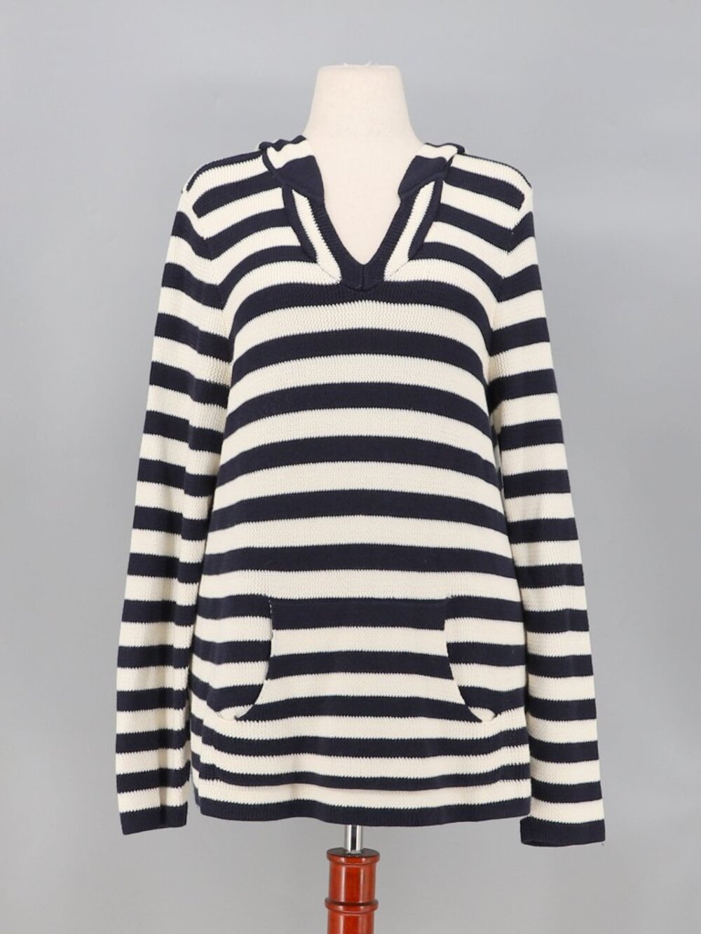 TALBOTS Striped Hooded Knit Sweater Ivory & Navy Size XL